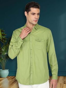 KUONS AVENUE - Men Green Cotton Twill Casual Shirt