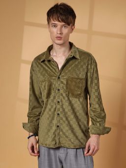 Campus Sutra - Men Olive Green Cubic Velvet Utility Shacket