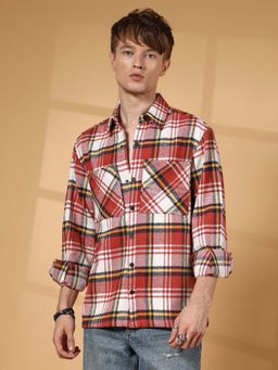 Campus Sutra - Men Venetian Red Tartan Plaid Utility Overshirt