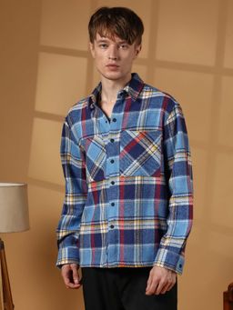 Campus Sutra - Men Azure Blue Tartan Plaid Utility Overshirt