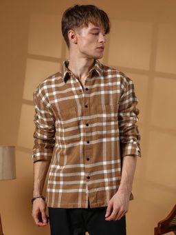 Campus Sutra - Men Ash Brown Checkered Utility Overshirt