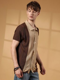 Campus Sutra - Men Buff Beige and Taupe Brown Block-Knit Slim-Fit Shirt