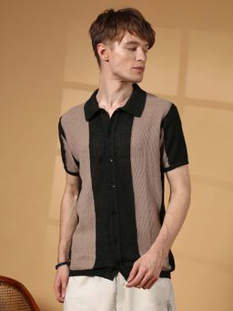 Campus Sutra - Men Buff Beige and Onyx Black Panel-Knit Slim-Fit Shirt