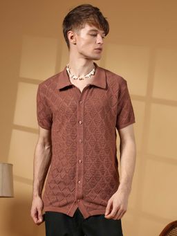 Campus Sutra - Men Sienna Brown Rhombus-Knit Slim-Fit Shirt