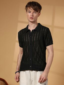 Campus Sutra - Men Onyx Black Spear-Knit Slim-Fit Shirt