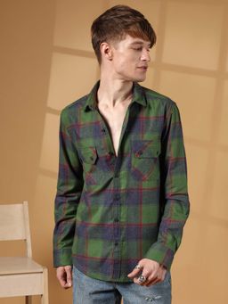 Campus Sutra - Men Forest Green and Indigo Blue Buffalo Check Utility Shirt