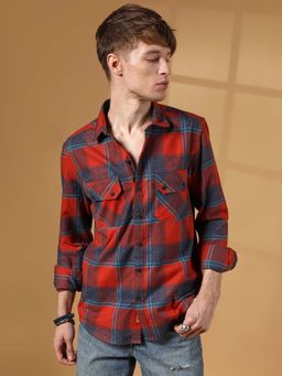 Campus Sutra - Men Scarlet Red and Steel Blue Buffalo Check Utility Shirt