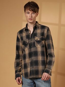 Campus Sutra - Men Raven Black and Sand Beige Buffalo Check Utility Shirt