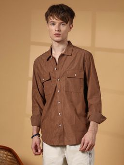 Campus Sutra - Men Tawny Brown Stripes Ribbed Utility Shirt