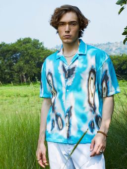 Campus Sutra - Men Sky Blue Topography Mesh Oversized Shirt