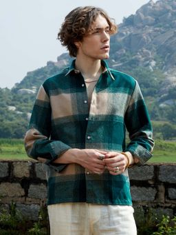 Campus Sutra - Men Emerald Green and Buff Beige Vignette-Checkered Oversized Shirt