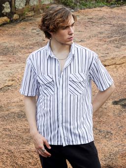 Campus Sutra - Men Daisy White Halo-Striped Utility Shacket