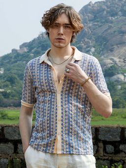 Campus Sutra - Men Powder Blue Ditsy Floral Knit Shirt