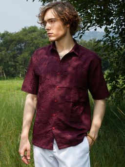 Campus Sutra - Men Wine Red Foliage-Tactile Shirt