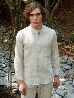 Campus Sutra - Men Saltbox Beige Pencil-Striped Shirt