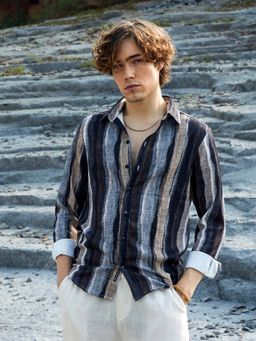 Campus Sutra - Men Prussian Blue and Ash Brown Brushed-Stripe Shirt