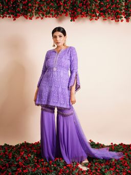 Farha Syed - 3 Piece Purple Sharara With Kurta And Dupatta (Set of 3)
