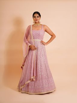 Farha Syed - 3 Piece Pink Anarkali Kurta With Dupatta And Belt (Set of 3)