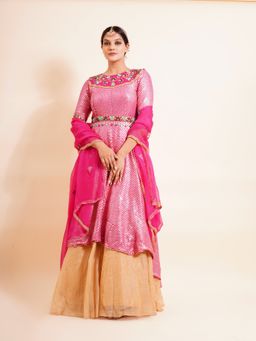 Farha Syed - 4 Piece Pink Anarkali Kurta With Dupatta Belt And Skirt (Set of 4)