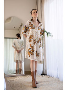 Zolo Label - Off White Embroidered Knee Length Dress