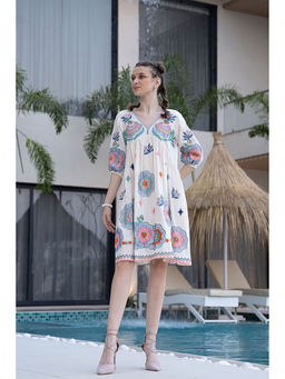Zolo Label - White Floral Embroidered Cotton Knee Length Dress