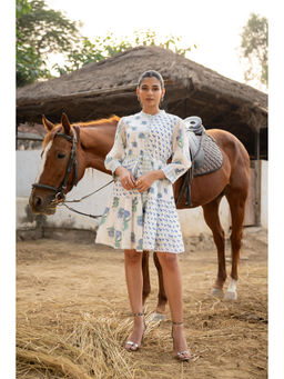 Zolo Label - White Floral Embroidered Cotton Knee Length Dress with Belt (Set of 2)