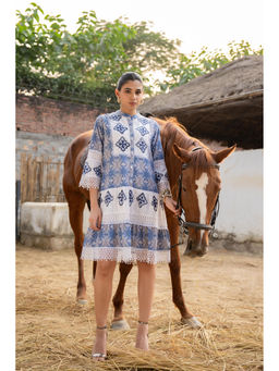 Zolo Label - Blue Cotton Embroidered Knee Length Dress