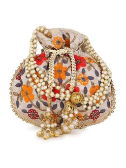 Anekaant - Dangle Cream and Multi Floral Embroidered Faux Silk Potli