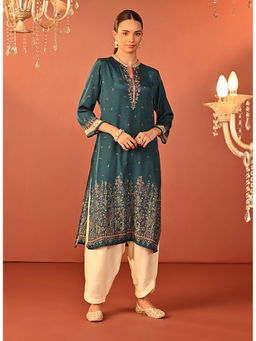 Lakshita - Teal Blue Printed Viscose Long Kurta for Women