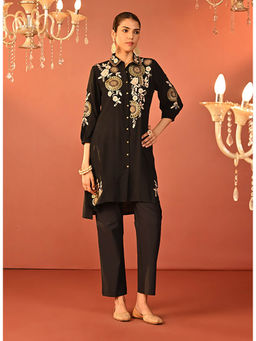 Lakshita - Black Embroidered Cotton Linen Tunic for Women