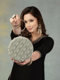 Anekaant - Glided Gleam Sage Green Net Diamond Embellished Clutch with Detachable Chain
