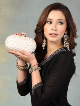 Anekaant - Woven Reverie Off White Faux Silk Geometric Embellished Clutch with Detachable Chain