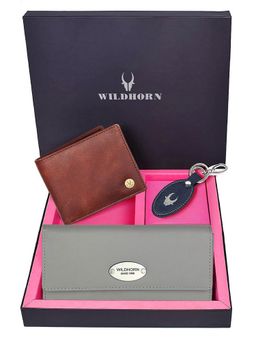 WILDHORN - Premium Leather Ladies Wallet, Mens Wallet and Keychain Gift -1K_GR_2052C_K (Set of 3)