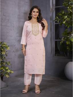 GLOBON IMPEX - Peach Embroidered Straight Kurta with Pant for Women