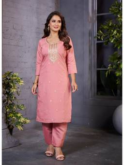 GLOBON IMPEX - Pink Embroidered Straight Kurta with Pant for Women