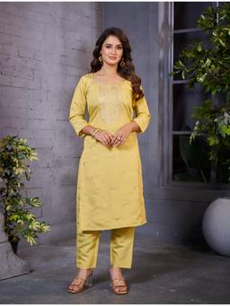 GLOBON IMPEX - Yellow Embroidered Straight Kurta with Pant for Women