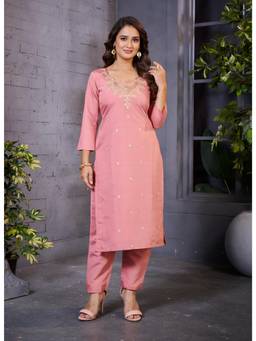 GLOBON IMPEX - Pink Embroidered Straight Kurta with Pant for Women