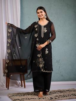 GLOBON IMPEX - Black Women's Embroidered Kurta with Palazzo and Dupatta