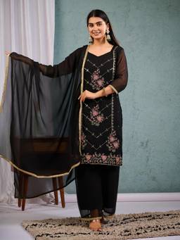 GLOBON IMPEX - Black Kameez for Women Embroidered Kurta with Palazzo and with Dupatta