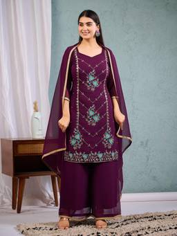 GLOBON IMPEX - Wine Kameez for Women Embroidered Kurta with Palazzo and with Dupatta