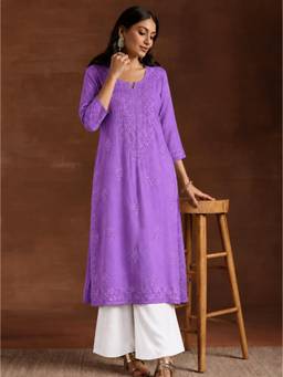 The Chikan Label - Zara Rayon Chikankari Straight Kurta - Lavender