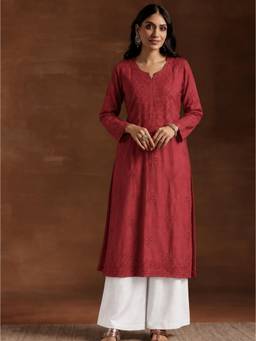 The Chikan Label - Zara Rayon Chikankari Straight Kurta - Maroon