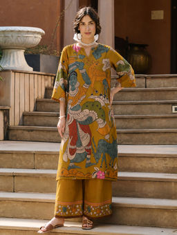 Aaghnya - Mustard Printed Viscose Blend Regular Kurta and Palazzo