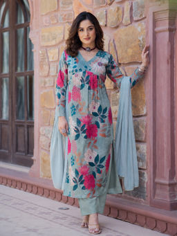 Aaghnya - Green Floral Viscose Rayon Kurta and Pant with Dupatta