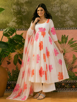 Aaghnya - White Floral Viscose Rayon Kurta and Palazzo and Dupatta