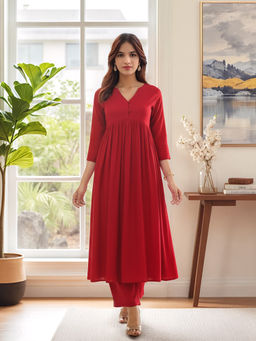 Aaghnya - Red Solid Viscose Rayon Regular Kurta and Pant