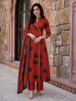 Aaghnya - Maroon Printed Viscose Rayon Kurta and Pant with Dupatta