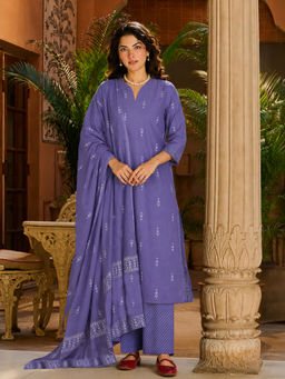 Aaghnya - Purple Woven Viscose Rayon Kurta and Pant with Dupatta
