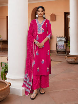 Aaghnya - Pink Floral Viscose Rayon Kurta and Palazzo and Dupatta