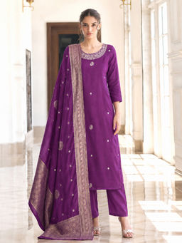Aaghnya - Purple Embroidered Viscose Rayon Kurta and Pant with Dupatta